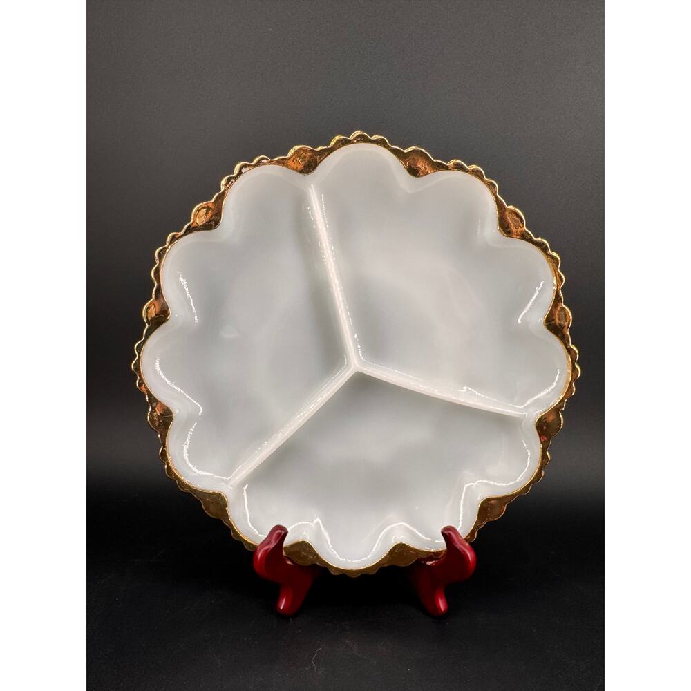 Vintage Fire King Milk Glass Divided Relish Tray Gold Trim 3 Section Plate
